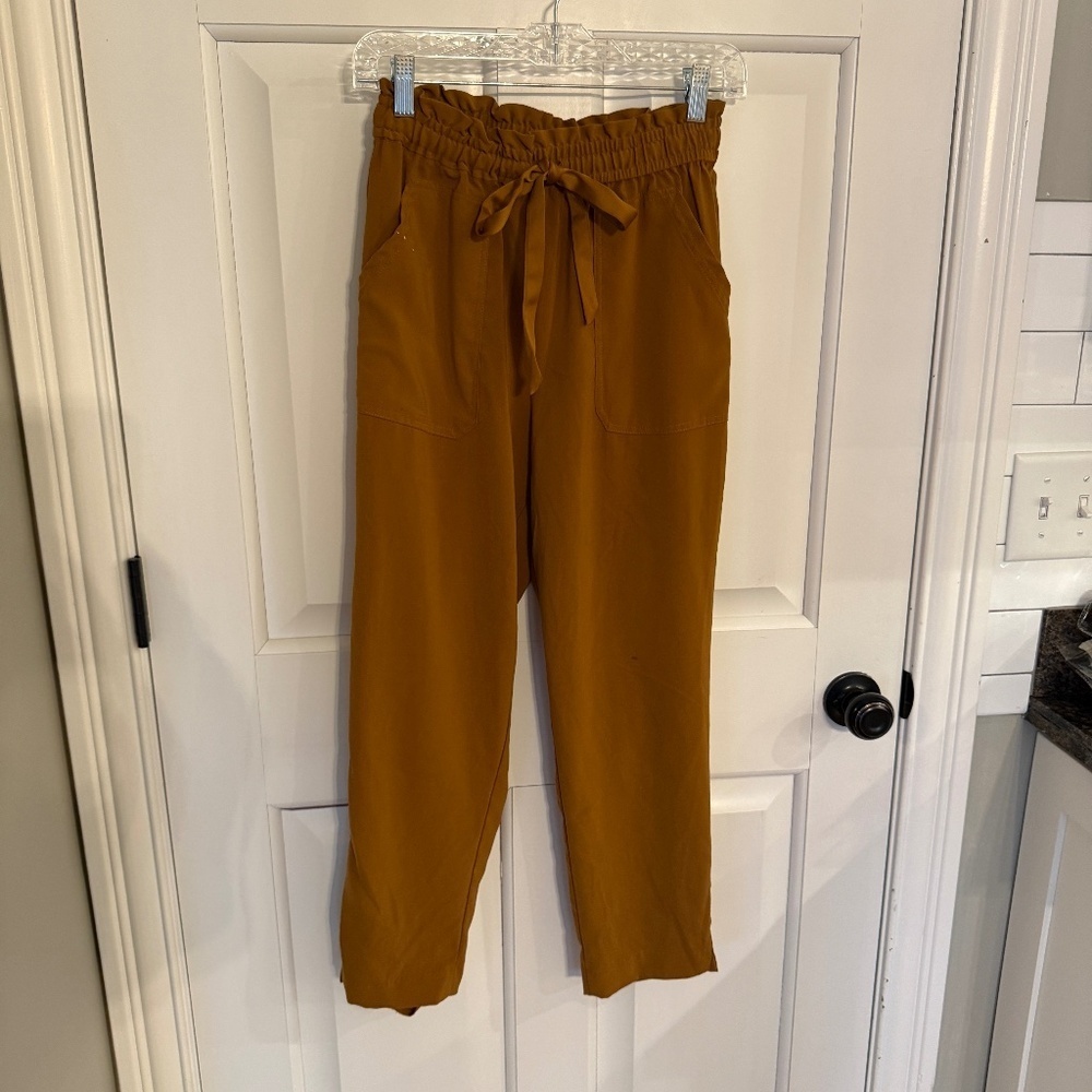 ZARA High Waisted Paper Bag Straight Leg Trouser Pants Mustard Yellow 31891 - Picture 2 of 15